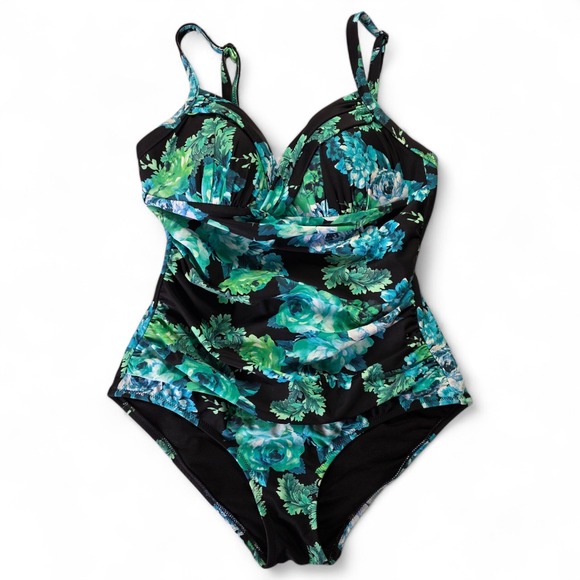 Seekers Swimwear Other - Seekers Essentials Black Blue Floral One Piece Swimsuit Tummy‎ Control US 8 NWT